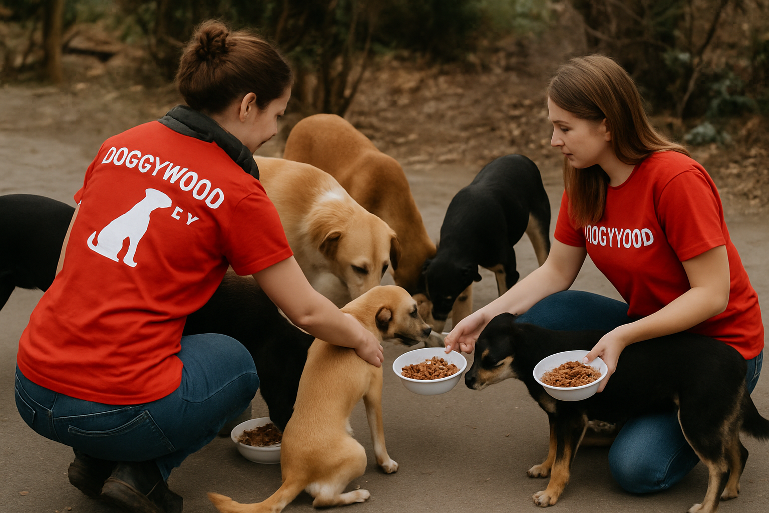 Volunteers from Doggywood eV providing food and care to street dogs